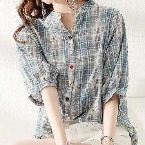 Summer new short-sleeved plaid shirt 2021 fashion plus size loose cotton linen shirt womens top vintage top tops mujer