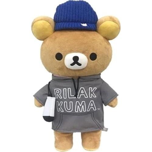 New Cute Rilakkuma Korilakkuma Bear With Wool Cap Bag Cozy Casual Outfit Big Plush Stuffed Toy Doll 35cm Kids Children Gifts