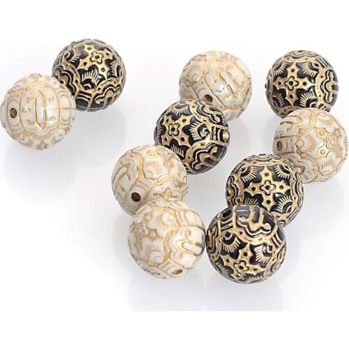 Wholesale 14mm Antique Style Design Plating Acrylic Round Spacer Flower Beads With Gold Lined For Diy Jewelry Making