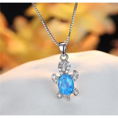 Blue White Green Opal Oval Stone Necklace Female Cute Small Turtle Pendant Necklace Charm Silver Color Chain Necklaces For Women