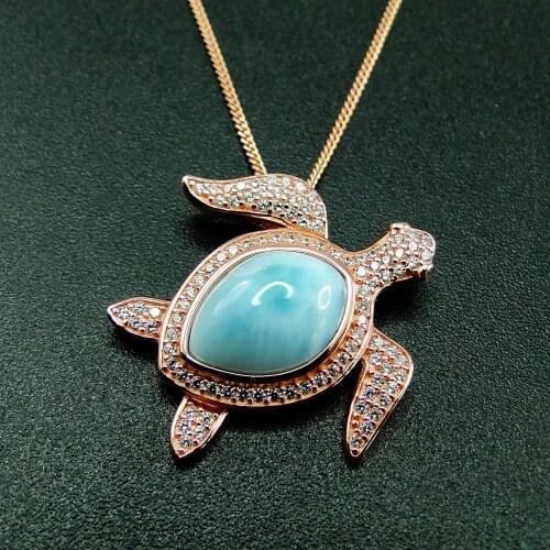 Fine Blue Larimar 925 Sterling Silver Natural Larimar Sea Turtle Pendant Necklace For Women Gift