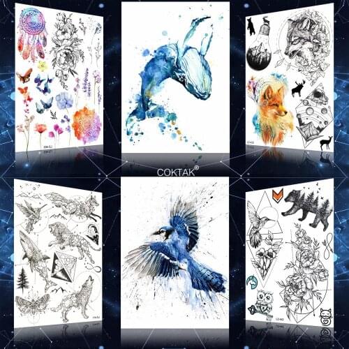 COKTAK Realistic Flash Blue Whale Hummingbird Birds Women Tattoos Temporary Sticker Fake Body Tattoo Waterproof Chest Neck Tatto