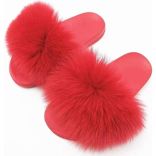 Summer girl fox fur slippers women fur slides luxury red ladies fluffy slippers female fur sandals furry fur flip flops US 5-11