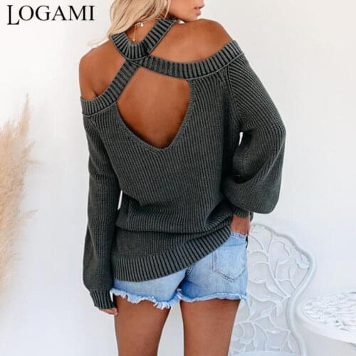 LOGAMI Hanging Neck Off Shoulder Loose Pullover Woman Autumn Winter2020 Knit Sweater Women Sweaters and Pullovers