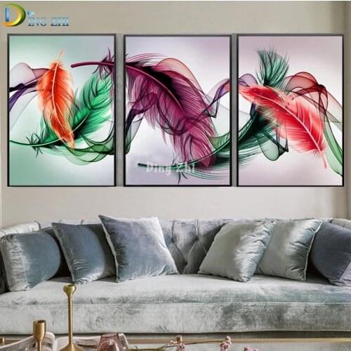 Triptych Diamond Embroidery Multicolored Feather Picture Diamond Painting Square Round Drill Mosaic Cross Stitch Wall Art 3 Pcs