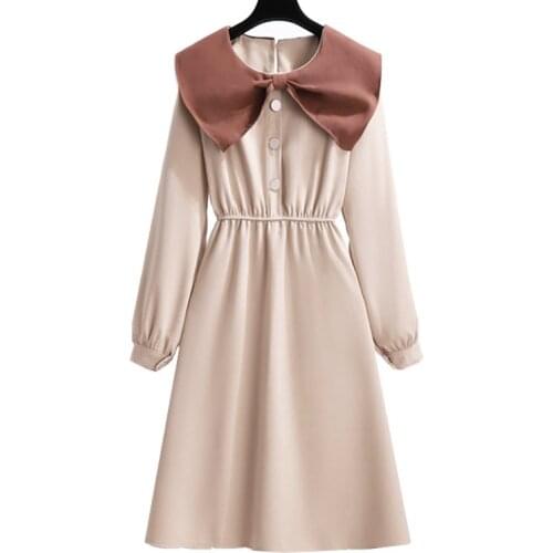 PERHAPS U Turn Down Collar Puff Sleeve Patchwork Midi Mid-calf Winter Autumn Dresses Elegant Chic Khaki A-line D2078