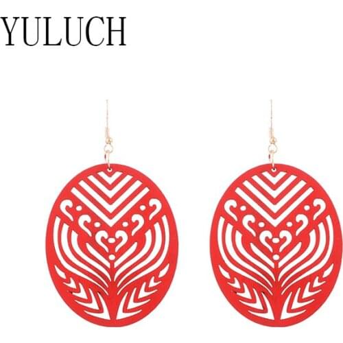 YULUCH 2021 woman natural wood oval pendant earrings girl art hollow out wooden jewelry ladies elegant accessories woman