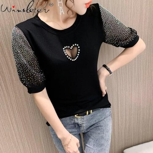 Summer European Clothes T-Shirt Sexy Fashion Hollow Out Love Women Tops Short Puff Sleeve Shiny Diammonds Tees New 2021 T14719A