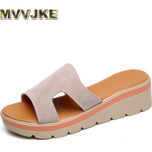 MVVJKEWomens Summer Slippers Flat Platform Sandals Beach Shoes Round Toe Shoes Slippers Genuine Leather Suede Flip FlopsE130
