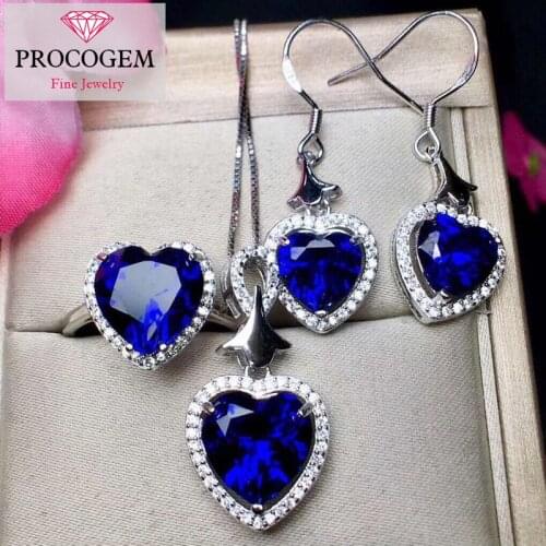Optimized Sapphire Jewelry sets for women Ladies Gifts Heart Jewelry Necklace Ring Earrings 925 Sterling silver #276
