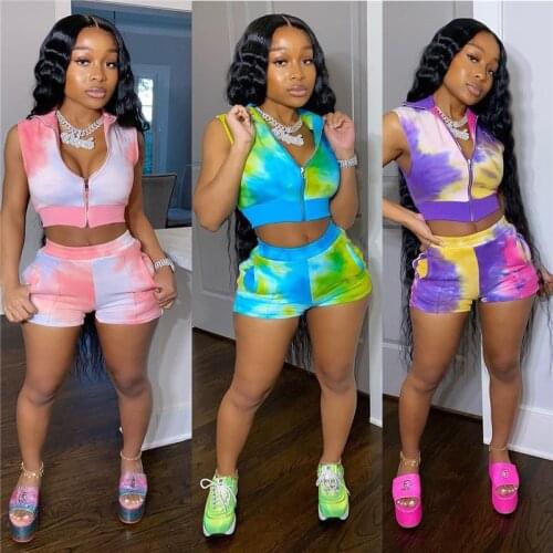 2021 New Style Womens Tie-dye Sports Suit Casual Sexy Sleeveless Cardigan Top + Shorts 2-Piece Set Summer Tracksuit Sets