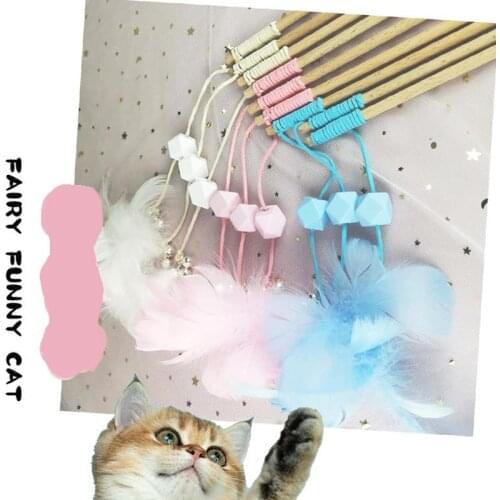 1PCS Colorful Cat Teaser Wand Creative Wooden Bead Faux Feather Cat Wand Cat Interactive Toy Pet Cat Training Toys