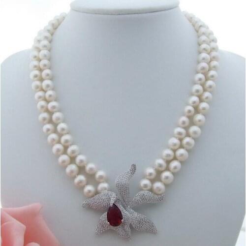2row 8mm White Pearl Necklace CZ Pendant