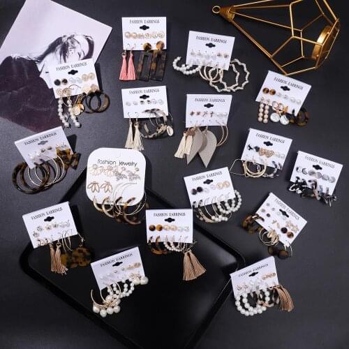 6Pairs/Set Korea Fashion Bohemian Women Pearl Tassel Earrings For 2021 Trend Flower Round Geometric Stud Hoops Earring Jewelry