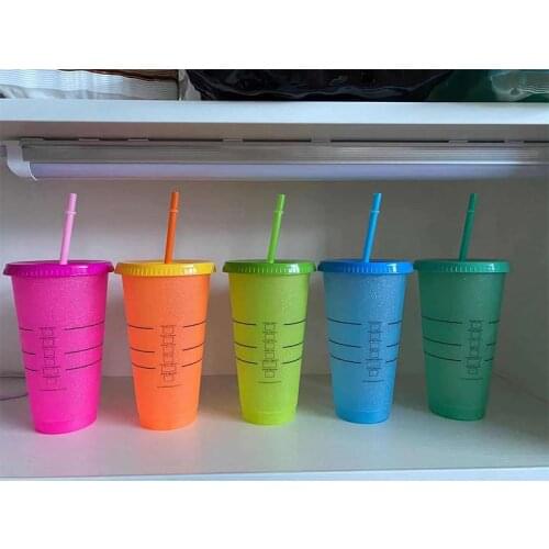 700ML Flash Powder Water Bottle With Straws Lid Plastic Reusable Personalized Drinkware Coffee Drinking Cup Outdoor Portable