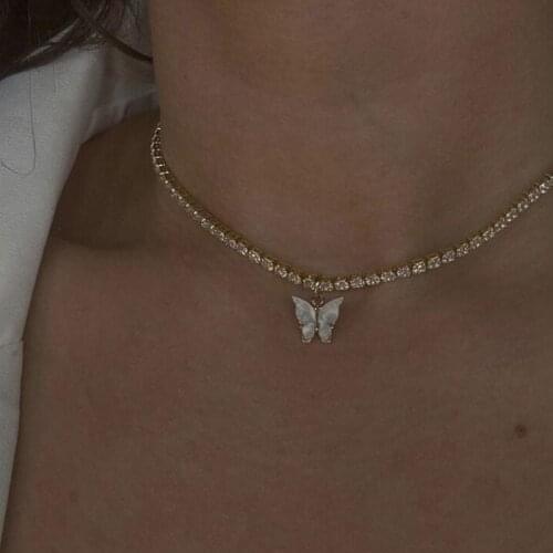 Acrylic Butterfly Choker Necklace Rhinestone Chain White Black Color Simple Clavicle Necklace Animal Korean Jewelry