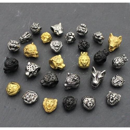 Small Hole 316l Stainless Steel Vintage Wolf Lion Leopard Animal Head Beads Charms For Charm Bracelet DIY Jewelry Making