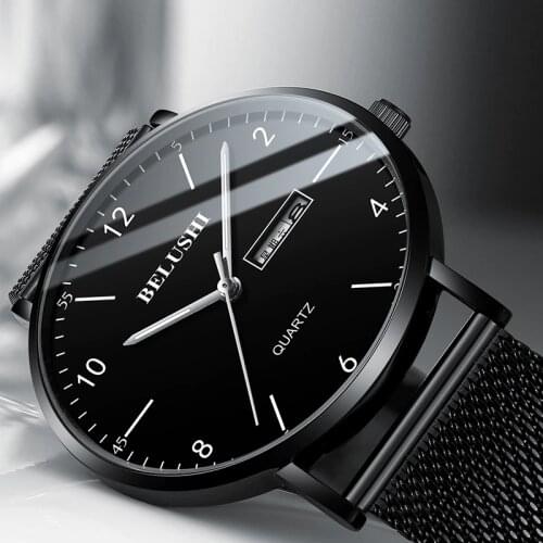 BELUSHI Ultra Slim Steel Mesh Quartz Wristwatch Dual Calendar Simple Style Male Clock Classic Black Business Mens Watches