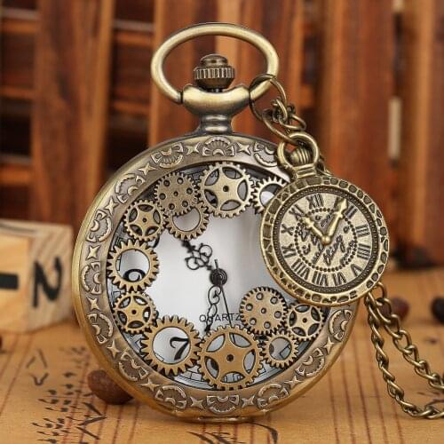 Hollow-out Case Pocket Watch Arabic Numerals Vintage Men Watches with accessories Bronze Quartz Pendant Fathers Day Gift