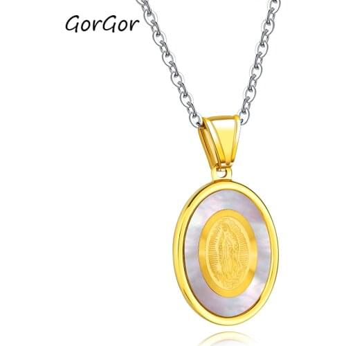 GorGor Women Necklace Shell Figure Pattern Round Shape Pendant Titanium Steel Chains Ladies Fashion Accessories 1359