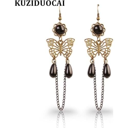 Kuziduocai New Fashion Jewelry Vintage Bronze Butterfly Water Droplets Tassel Stud Earrings For Women Statement Brincos E-137