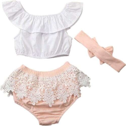 0-18M Sweet Baby Girl Newborn Summer Clothes Sets Off Shoulder Shorts T-shirt Top Lace Pants Headband