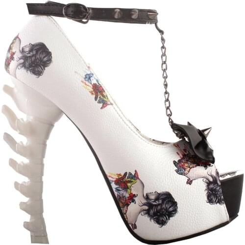 LF80631AM Beige Skull Rose Print Studs Chain Peeptoe Bone Heel Pumps Size 4/5/6/7/8/9/10