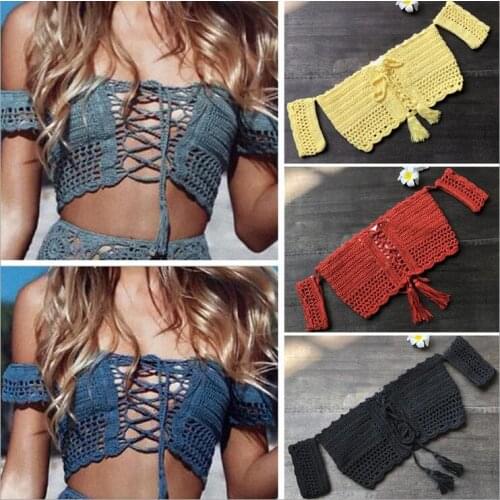 New Arrival Solid Color Bikini Beach Bathing Suit Maillot Femme Sexy Women Off Shoulder Swimsuit Knitted Crochet Bikini top
