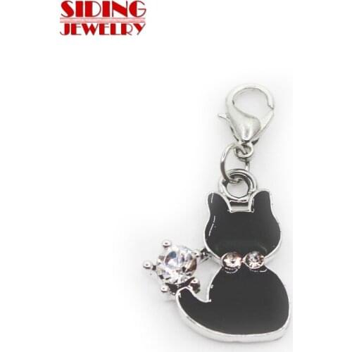 New Aarrival 10pcs/lot Crystal Black Cat Dangle Charms Hanging Lobster Clasp Charm DIY Jewelry Accessories Necklace Pendant