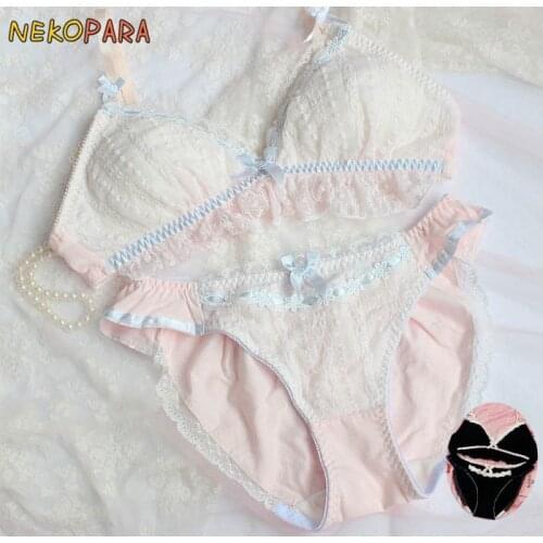 Fine Flower Lace Trim Pure Womens Comfortable Bra & Panties Set Lolita Intimates Cotton Wireless Daily Wear