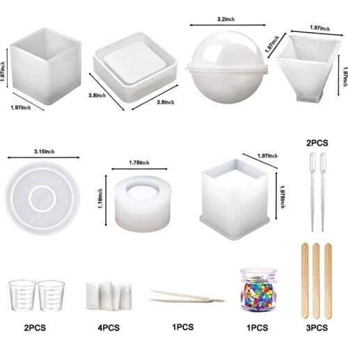 20PCS Crystal Mirror Silicone Mold Ashtray Pyramid Ball Cup Pad DIY Jewelry Making Tools Set With Measuring Cup Stirring Stick