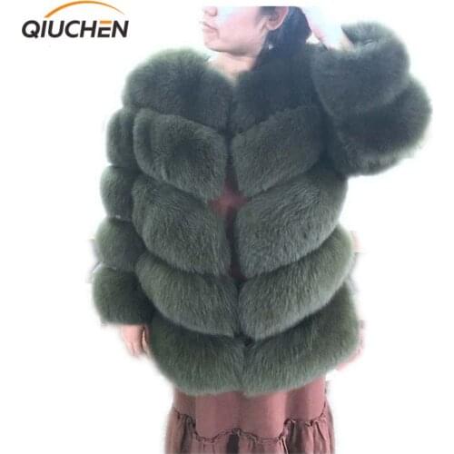 QIUCHEN PJ8085 2020 New Arrival Free shipping O-neck Covered Button Solid Real Fox Fur Coat Thick Warm slevees can remove
