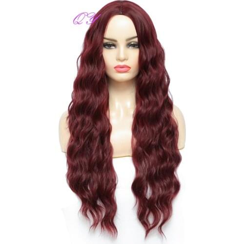 QY Wig Cosplay Long Burgundy Red Wig Water Wave Synthetic Hair Wigs For Women Cosplay Or Party Wig
