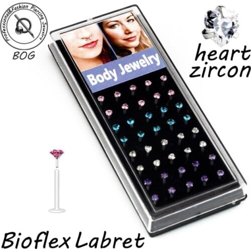 BOG-Lot 40 Pieces Bioflex Labret Monroe Stud Lip Rings With 3mm Heart Zircon Gem 16g Tragus Piercing 4 Colors Mixed