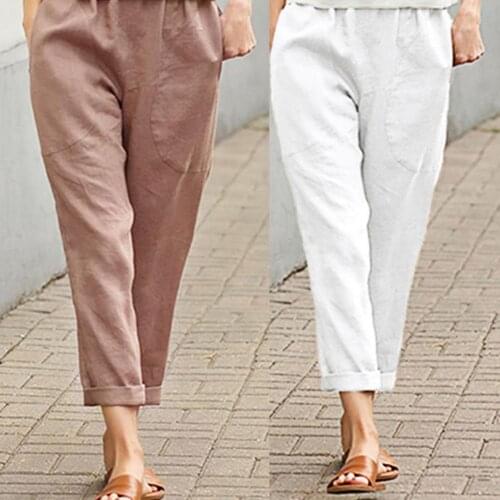 2021 Women High Waist Elastic Harem Pants Solid Color Cropped Women Large Pocket Sweat-absorbent Length Capris Trousers for Dati