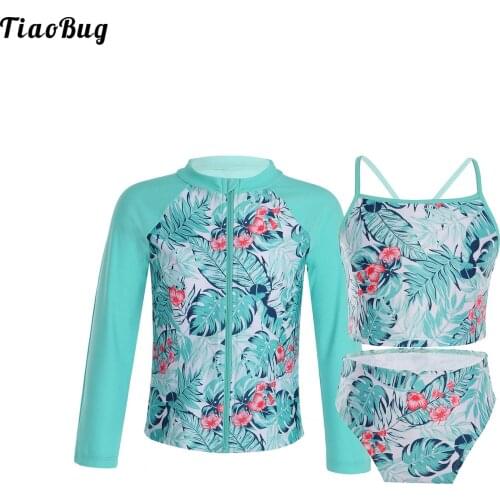 TiaoBug Summer 3Pcs Kids Girls Floral Print Swimsuit Straps Sleeveless Tops With Briefs And Long Sleeves Zipper Coat Swimwear