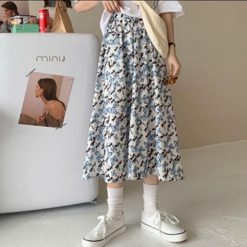 Vintage butterfly Print A-line Pleated Long Skirts Summer Women Korean Skirt Streetwear Drawstring Elastic Waist Midi Skirt