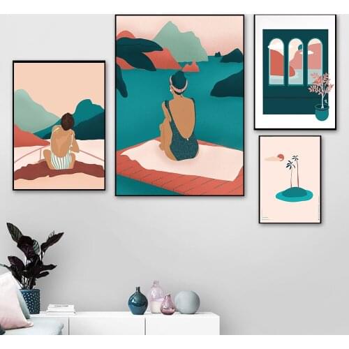 Boho Vintage Illustration Fashion Girl Poster Art Summer Boating Woman Wall Art Print Leaves Feminine Elegance Picture Decor