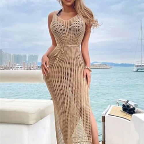 Hollow Out Bandage Sexy split beach skirt Spaghetti Strap Top And Long Skirt Beach Summer Long Skirts 2021 Women Knitted Skirt