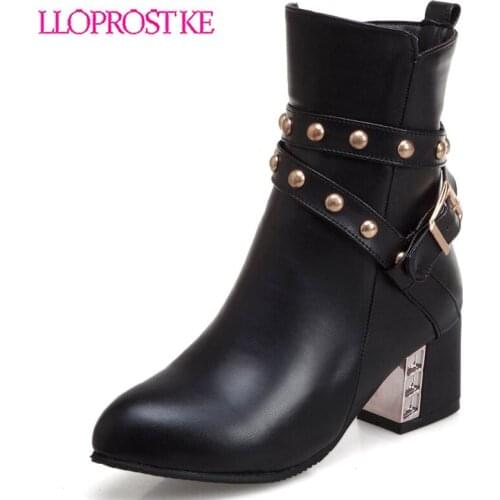 Lloprost ke women shoes 2019 winter new fashion round toe rivet buckle ankle boots outside high heels zip shoes Size 32-48 H583