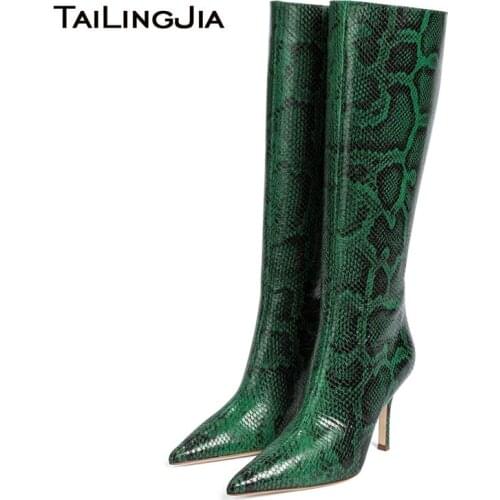 Tailingjia Fashion Plus Size Ladies Winter Shoes Green Snake Pattern PU Leather Pointed Toe 2020 High Heel Women Knee High Boots