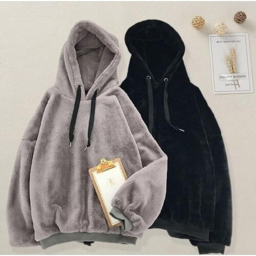 Womens Sweatshirts Long sleeve Autumn Winter Solid Color Hooded Sweatshirt Plush Thick Pullover Hoodie Female Sweatshirt 2021