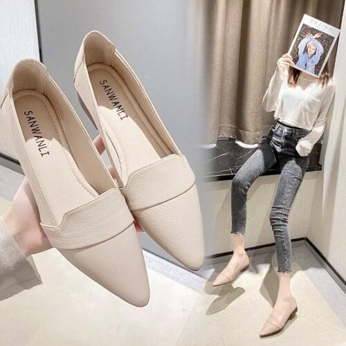 Single Shoes Womens Thick Heel 2021 New Womens Spring and Autumn Simple Pointed Toe Low-heel Soft-soled Leather Shoes Women