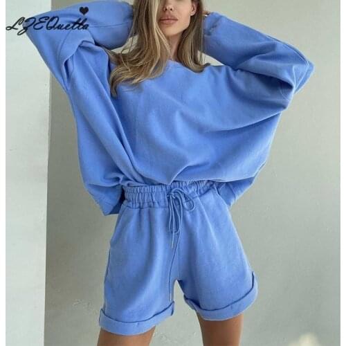 LZEQuella womens tracksuits sweatshirts 2021 autumn winter fleece oversize hoodies solid color shorts NZ2427