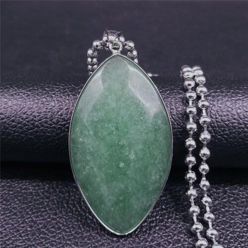 Leaf Green Natural Stone Stainless Steel Charm Necklaces Women Silver Color Big Long Necklace Jewelry gargantilla mujer N5002S04