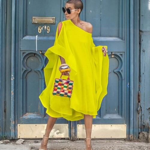 Women Autumn High Street Chiffon Dress Off Shoulder Batwing Sleeve Loose Knee-length Tunic Dress Elegant Party Dresses Vestidos