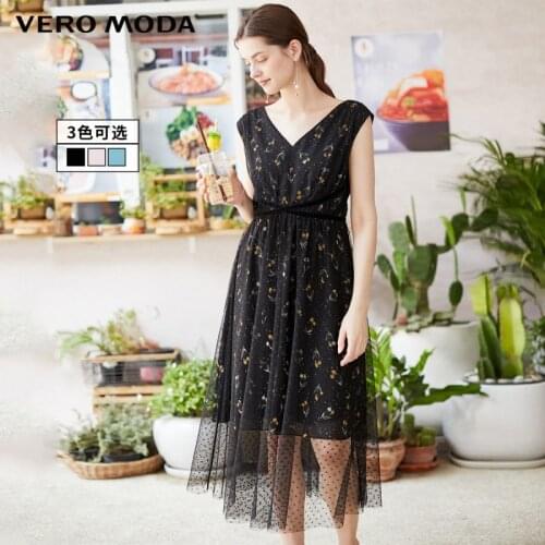 Vero Moda Women Vintage Holiday Style Printed Mesh Sleeveless V-neck Party Dress | 32017A524