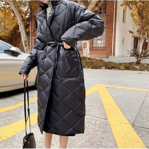 Winter Women Coat Loose Thin Stand Collar Long Solid Jacket With Warm Belt Manteau Veste Femme Hiver Fashion Outerwear