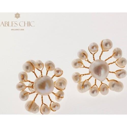 Gold Tone Wire Wrapping Baroque Pearls Flower Post Earrings Handmade Natural Freshwater Sun Floral Warm Studs Women Fine Jewelry