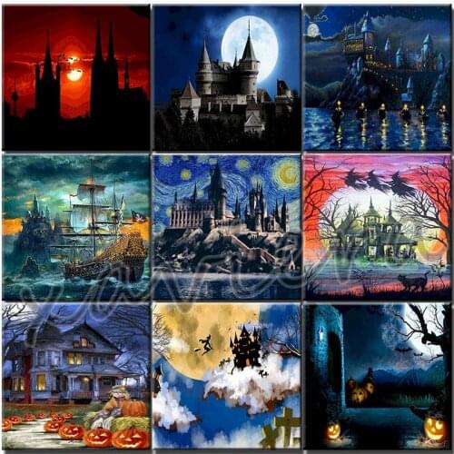 Xaviera 5D Diy Diamond Painting Castle Night View Embroidery Kits Halloween Gift Full Round Drill Mosaic Embroidery Cross Stitch